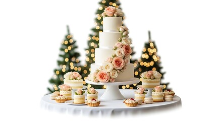 Elegant multitiered wedding cake decorated with roses, surrounded by cupcakes and christmas trees