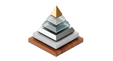 Abstract Geometric Pyramid Sculpture with Metal and Wood Elements on White Background