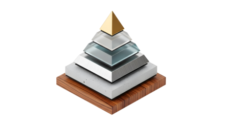 Abstract Geometric Pyramid Sculpture with Metal and Wood Elements on White Background