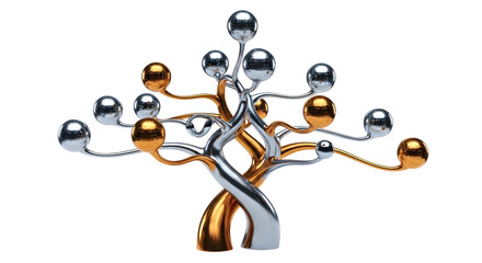 Abstract Metallic Tree Sculpture with Silver and Gold Spheres on White Background