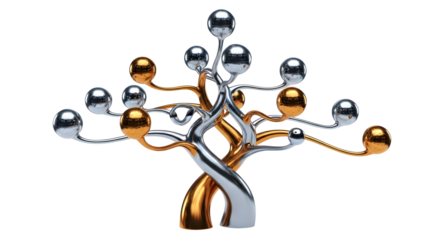 Abstract Metallic Tree Sculpture with Silver and Gold Spheres on White Background