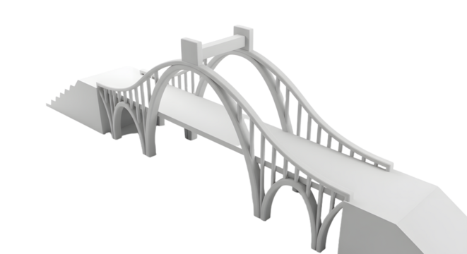 White Architectural Model of a Modern Bridge with Arched Supports and Stairs in Minimalist Style