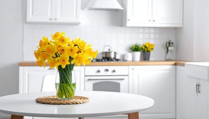 Fototapeta premium A bright, yellow daffodil bouquet in a glass vase graces a white round table in a minimalist kitchen space. A pot on the stove