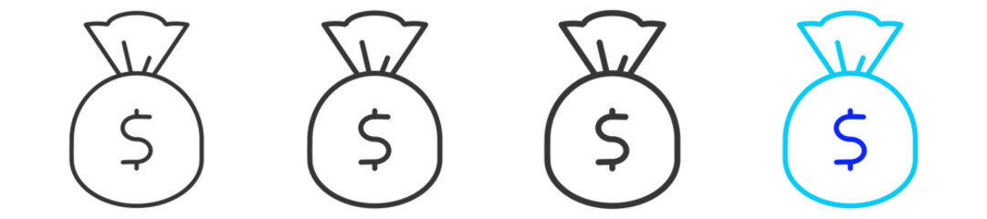 Money Bag icon set collection in creative outline style for business featuring multiple thickness variations suitable for profit finance money management accounting and investment growth