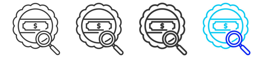 Cash Inspect icon set collection in creative outline style for business featuring multiple thickness variations suitable for profit finance money management accounting and investment growth