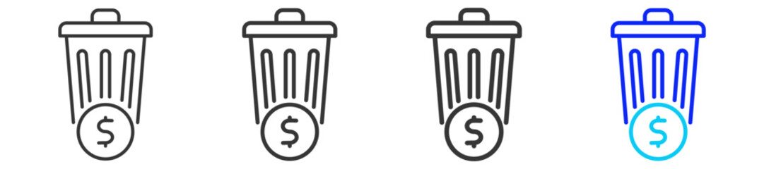 Budget Waste icon set collection in creative outline style for business featuring multiple thickness variations suitable for profit finance money management accounting and investment growth