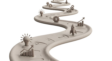 Creative 3D Illustration of a Winding Path with Business and Innovation Symbols in Neutral Tones