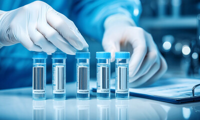 Closeup Gloved Hands Test Tubes