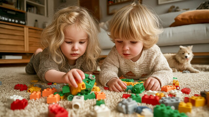 happy family having fun at home children siblings playing together with building blocks