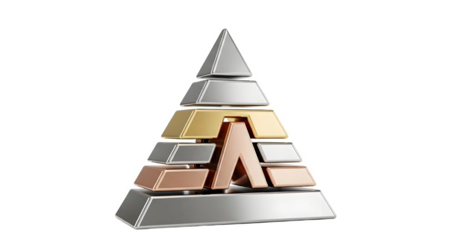 Elegant Metallic Pyramid Structure with Letter A on White Background
