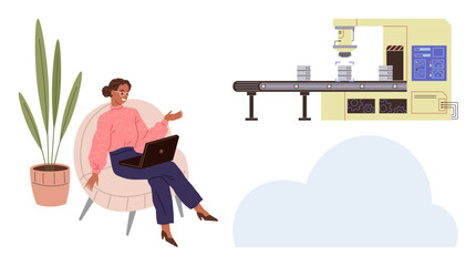 Woman sitting on chair with laptop overseeing automated conveyor belt machine. Ideal for remote work, automation, cloud technology, industry innovation, productivity, business strategy, digital