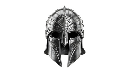 Medieval Silver Helmet with Ornate Detailing and Visor on White Background
