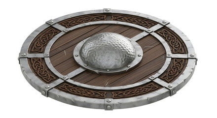 Medieval Round Shield with Wooden and Metal Elements and Intricate Celtic Patterns