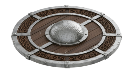 Medieval Round Shield with Wooden and Metal Elements and Intricate Celtic Patterns