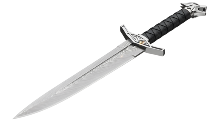 Sharp Silver Combat Knife with Black Grip and Ornate Guard on White Background