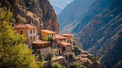 A picturesque village clinging to the rugged cliffs of a deep gorge, showcasing traditional stone houses with red tile roofs in a mountainous landscape