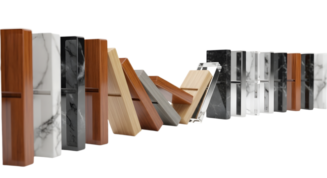 Variety of Modern Wooden and Marble Dominoes on White Background