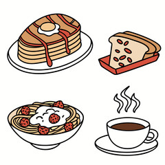 Vector art of delicious breakfast featuring pancakes with egg, toast with beans, spaghetti with meatballs, and a cup of coffee