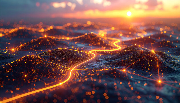 Digital Network Landscape at Sunrise: A mesmerizing view of a digital network spread across rolling terrain, illuminated by the golden glow of a sunrise.