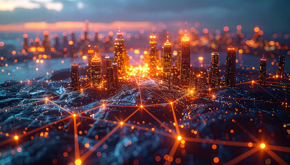City of Tomorrow: A futuristic metropolis shimmers with interconnected networks of light, depicting the vibrant pulse of urban innovation, all beneath a breathtaking, twilight sky. 