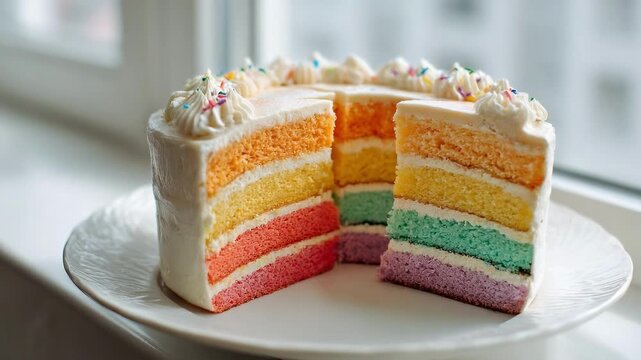Rainbow layer cake with white icing, sliced to reveal colorful layers on a plate.