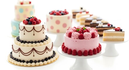 Assortment of decorative cakes and cake slices, isolated on white background