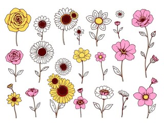 A collection of diverse hand drawn flowers featu roses, daisies and other blooms in varying colors and outlines set against a bright white background is lovely.