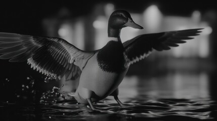 Mallard duck landing on water with wings outstretched in monochrome