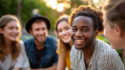 Friends meeting outdoors, under soft natural light, showcasing warm connections and casual style, serene outdoor scene, calm meeting lighting, with copy space