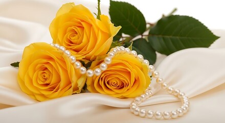 Three delicate yellow roses with a pearl necklace, isolated on white background