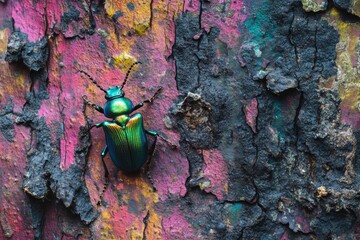 A neon-colored beetle on a textured tree bark, metallic hues, vibrant macro composition