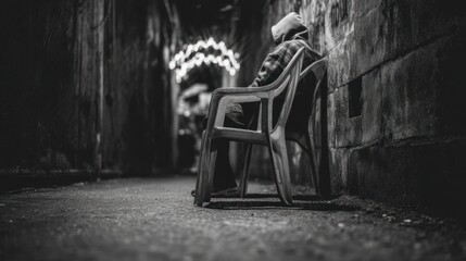 Person sitting alone on a chair in a narrow alleyway monochrome image
