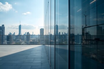 Fototapeta premium Bright glass wall office building with city view and reflect shadow for background