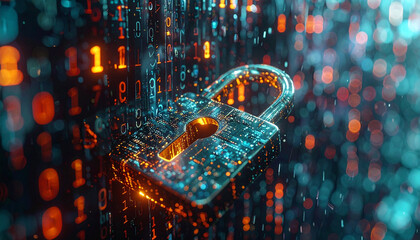 Digital Fortress: A close-up view of a padlock amidst a cascading digital stream of binary code, symbolizing security, encryption, and data protection.