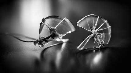 Shattered glass abstract composition on dark reflective surface monochrome