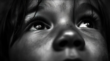 Close up portrait of a childs face in black and white