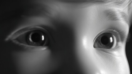 Close up portrait of a childs eyes in black and white with intense gaze