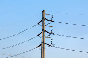 High voltage electric power lines and pylons against a blue sky