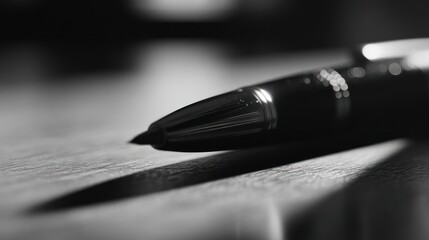 Close up of a sleek pen black and white shot on wooden surface