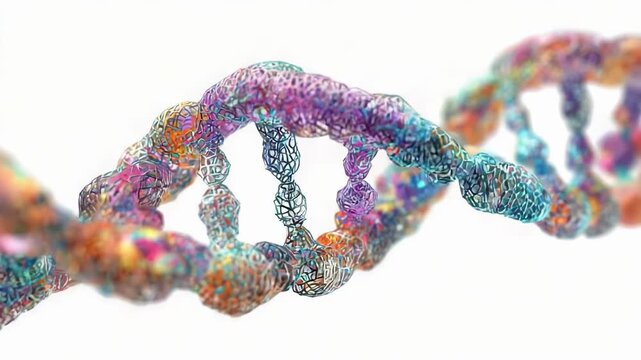 Colorful DNA double helix with spiraling strands.