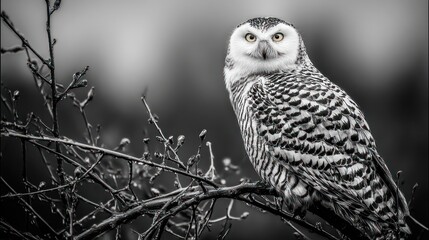 Snowy owl perched on a branch in monochrome portrait nature wildlife scene