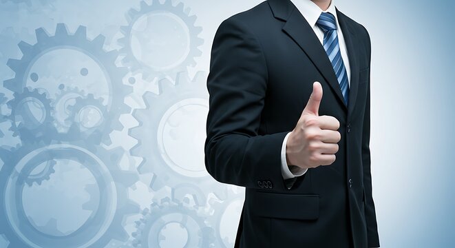Successful businessman in a suit giving a thumbs up gesture against a backdrop of interlocking gears symbolizing teamwork and mechanical precision in business operations - Powered by Adobe
