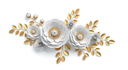 Elegant white paper flowers with gold leaves and crystal accents isolated on white background