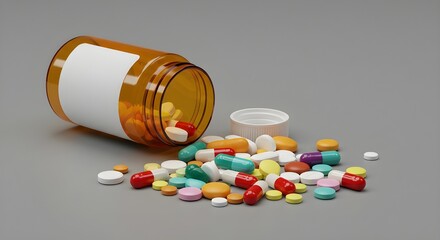 Colorful assortment of medicine pills and capsules spilled from a prescription bottle on white