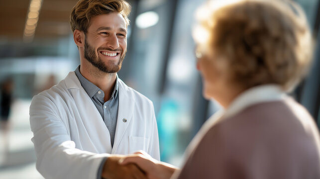 Young male physician in white medical coat warmly greeting elderly woman patient with friendly professional handshake in bright modern hospital lobby with natural lighting