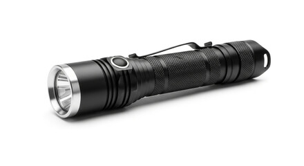 A sleek black flashlight, isolated on white background, highlighting its robust design and practical functionality for illumination in various situations