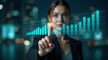 A woman in a suit interacts with a glowing, upward trending bar chart on a digital interface, with a city night background.