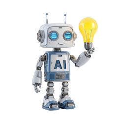 Cheerful AI Robot with Light Bulb on Transparent Background