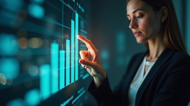 A businesswoman interacts with a glowing upward bar chart on a digital screen.