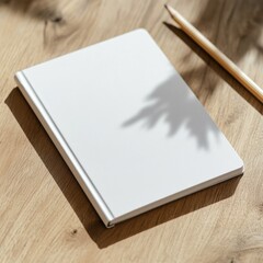 A notebook mockup with a custom cover design, lying on a wooden desk with a pencil